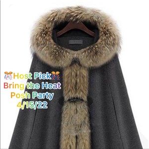 Hooded Big Faux Fur Lapel With Horn Button Women’s Cape Coat